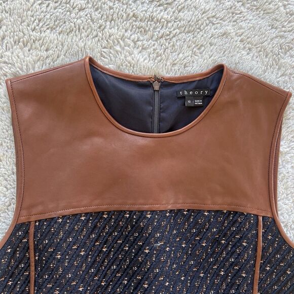 Theory CalvinoDress Sleeveless Mix Media Lamb Leather Tweed Navy Brown Size 10 - Picture 3 of 10